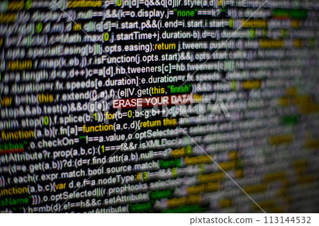 Macro photo of computer screen with program source code and highlighted ERASE YOUR DATA inscription in the middle. Script on the screen with virus in it. Cyber security concept. Technology background 113144532