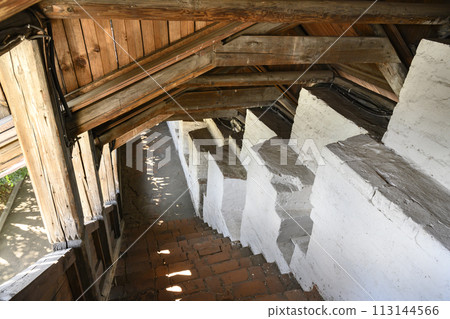 Interior of the medieval fortress wall of the Spaso-Preobrazhensky Monastery in Yaroslavl, Russia 113144566