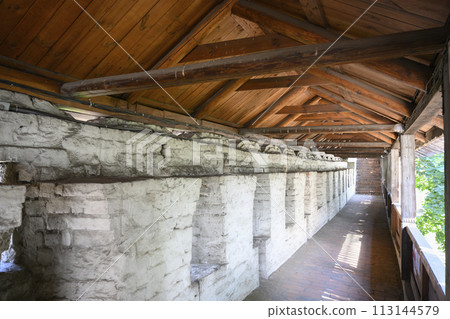 Interior of the medieval fortress wall of the Spaso-Preobrazhensky Monastery in Yaroslavl, Russia 113144579