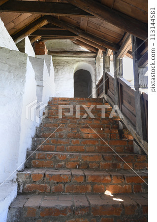 Interior of the medieval fortress wall of the Spaso-Preobrazhensky Monastery in Yaroslavl, Russia 113144581