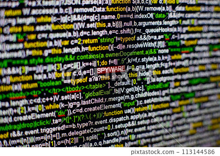 Macro photo of computer screen with program source code and highlighted SPYWARE inscription in the middle. Script on the screen with virus in it. Cyber security concept. Technology background 113144586