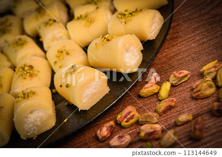 LEBANESE PASTRY RECIPE, ORIENTAL FOOD, HALAWET AL JEBEN, MOZARELLA, ASHTA AND FINE SEMOLINA LEBANESE PASTRY RECIPE, ORIENTAL FOOD, HALAWET AL JEBEN, MOZARELLA, ASHTA AND FINE SEMOLINA 113144649