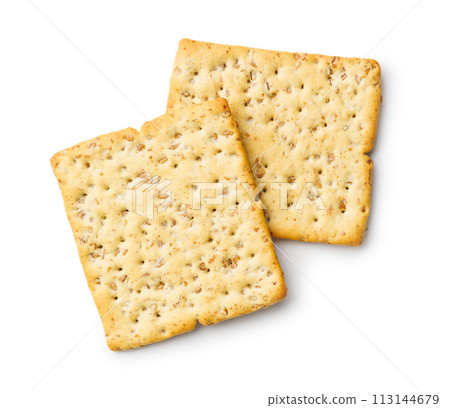 Salted crackers isolated on white background. 113144679