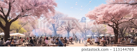 Tranquil serenity. cherry blossom garden in full bloom on a sunny day with people enjoying the view. Banner 113144769