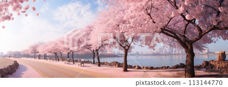 Serene japanese garden with blooming cherry blossom trees and peaceful atmosphere 113144770