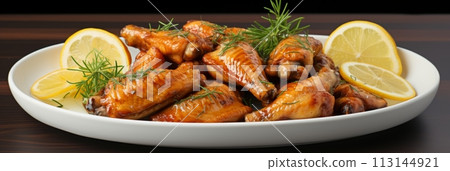 Appetizing chicken wings topped with lemon and herbs with copy space. Banner 113144921