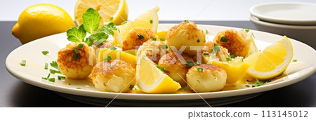 Fish meatballs with tartar sauce and lemon slice, copy space, blurred white background. Banner 113145012