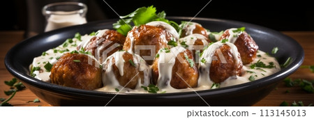 Fish meatballs with tartar sauce and lemon slice on white background with copy space. Banner 113145013
