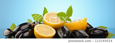 Seafood platter with mussels, oysters, ice, and lemon on white background, banner 113145014