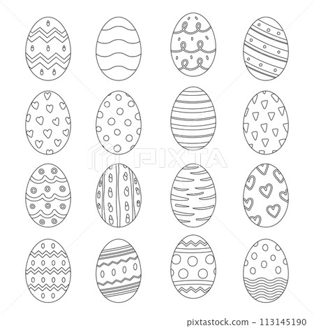 Easter eggs with different texture. Black line for kid and coloring book Easter eggs with different texture. Black line for kid and coloring book 113145190