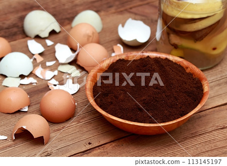 Coffee grounds, crushed eggshells and banana peels as natural organic fertilizer. 113145197
