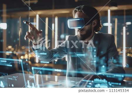 Young businessman working with modern virtual reality hologram technology, Young businessman perspective. 113145334