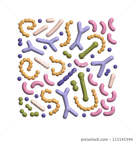 3d render Microbiome square composition. Probiotic bacteria background with lactobacillus, bifidobacteria, acidophilus. Volume simple illustration. 113145394