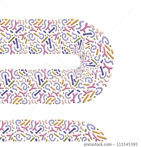 3d render Microbiome abstarct banner design. Probiotics concept. Lactic acid bacteria. Good microorganisms for gut, intestinal flora health. Microflora. Volume illustration. 113145395