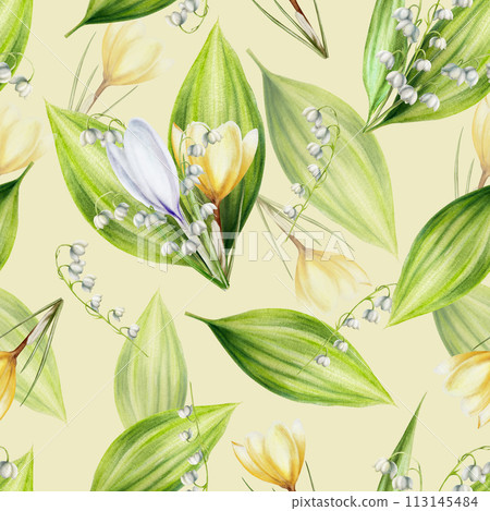 Watercolor seamless pattern with bouquet of yellow and white blooming crocus and lily of the valley flowers isolated on background. Spring and easter botanical hand painted saffron illustration. For 113145484