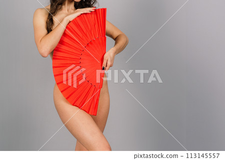 Dancer female with fan in lingerie, nude 113145557