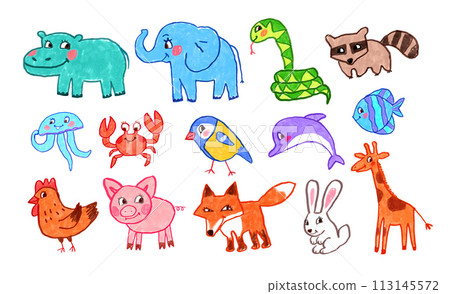 Set of child drawings of cute animals Set of child drawings of cute animals 113145572