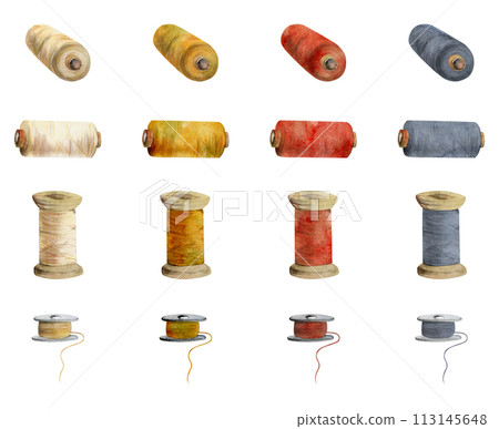 Hand drawn watercolor illustration sewing craft embroidery stitching supplies. Thread bobbins spools skeins yarn. Set of objects isolated on white background. Design atelier, tailor, hobby shop 113145648