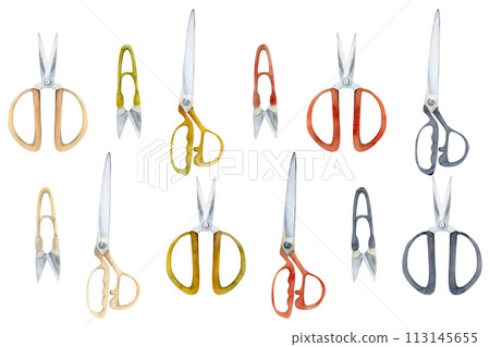 Hand drawn watercolor illustration sewing craft embroidery supplies tools. Fabric scissors shears thread cutting snips. Set of objects isolated on white background. Design atelier, tailor, hobby shop Hand drawn watercolor illustration sewing craft embroidery supplies tools. Fabric scissors shears thread cutting snips. Set of objects isolated on white background. Design atelier, tailor, hobby shop 113145655