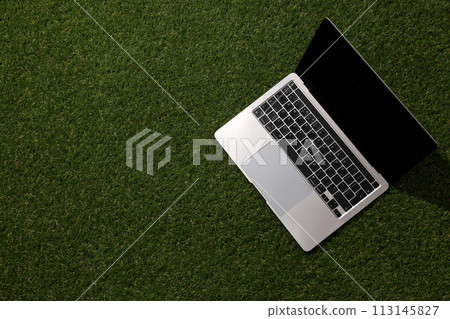 Laptop with notebooks on the grass, top view. 113145827