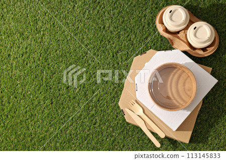 Ecological packaging for food delivery, on the grass. Ecological packaging for food delivery, on the grass. 113145833