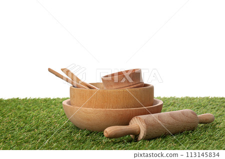 PNG, wooden utensils on grass, isolated on white background. 113145834