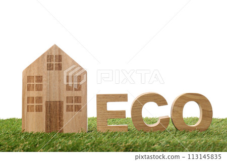 PNG, a wooden house and the word ECO, on the grass, isolated on a white background. 113145835