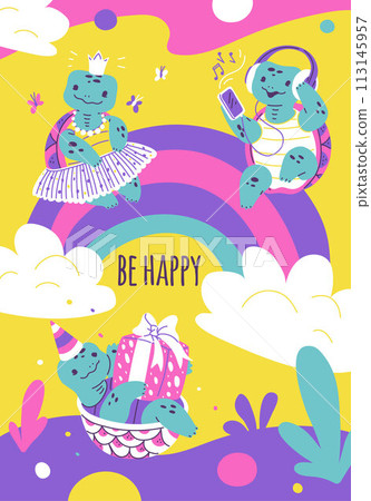 Joyful turtles celebration "Be Happy" vector illustration Joyful turtles celebration "Be Happy" vector illustration 113145957
