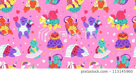 The seamless horizontal pattern featuring cute turtles celebrating different holiday on a pink background The seamless horizontal pattern featuring cute turtles celebrating different holiday on a pink background 113145960
