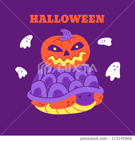 Halloween flyer with turtle, pumpkin and frolicking ghosts. 113145968