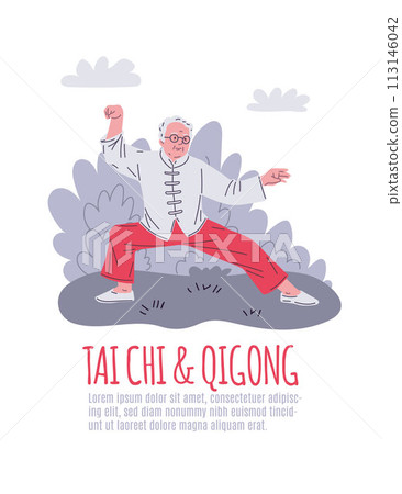 Senior Tai Chi stance. Vector illustration 113146042