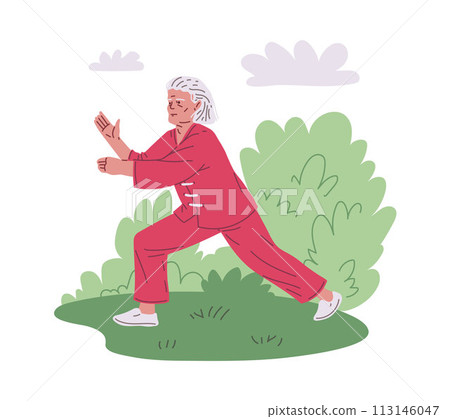 An elderly grandmother in a kimono takes tai chi poses in a park, vector illustration 113146047