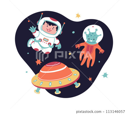 Child astronaut and alien friend vector illustration 113146057