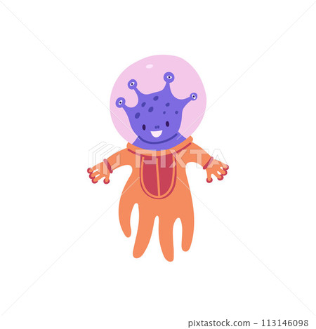 Cute astronaut from alien space, extraterrestrial creature, vector cartoon smiling Martian with antennas in spacesuit Cute astronaut from alien space, extraterrestrial creature, vector cartoon smiling Martian with antennas in spacesuit 113146098