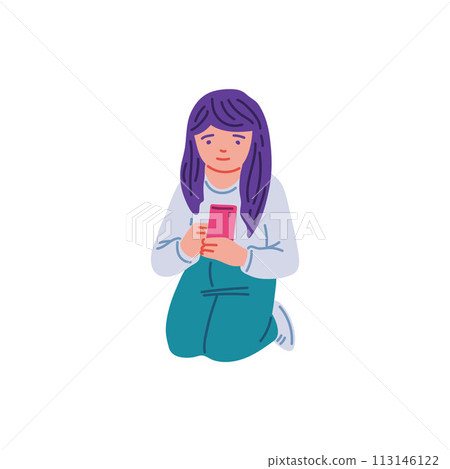 Teenage girl sitting on her lap with a phone, isolated illustration. 113146122