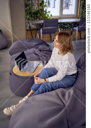 woman in casual clothes is working on a laptop on  bean bag 113146160