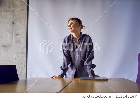 beautiful business woman speaking at a meeting in front of a large projector screen 113146167