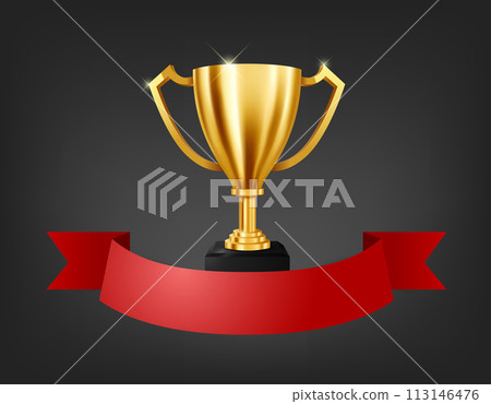 Realistic Golden Trophy with Text Space on Red Ribbon, Vector Illustration Realistic Golden Trophy with Text Space on Red Ribbon, Vector Illustration 113146476