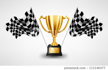 Realistic Golden Trophy with Checkered Flag Racing Championship Background, Vector Illustration Realistic Golden Trophy with Checkered Flag Racing Championship Background, Vector Illustration 113146477