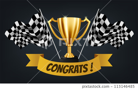 Realistic Golden Trophy with Checkered Flag Racing Championship Background and Congrats Text on Yellow Ribbon, Vector Illustration 113146485