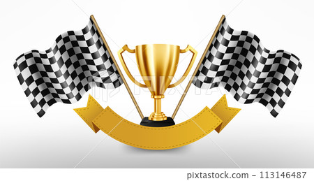 Realistic Golden Trophy with Checkered Flag Racing Championship Background, Vector Illustration 113146487