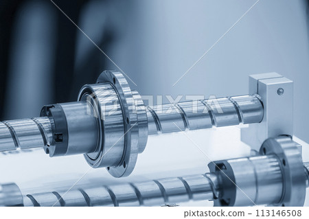 Closeup scene the spare parts lead ball screw set in the light blue scene. Closeup scene the spare parts lead ball screw set in the light blue scene. 113146508