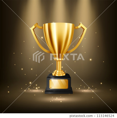 Realistic Golden Trophy and Illuminated Spotlights, Vector Illustration Realistic Golden Trophy and Illuminated Spotlights, Vector Illustration 113146524