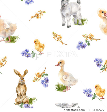 Bunny, chick and gosling watercolor Easter print. Baby animals with spring flowers seamless pattern isolated on white. Pets illustration and blue floral hand drawn. For textile, paper, backdrop 113146577