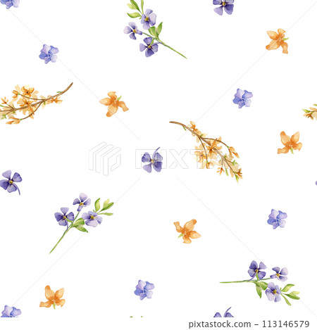 Floral seamless pattern with watercolor flowers hand drawn. Yellow blossom branches isolated on white. First spring flowers blue and yellow color. Spring flowers for Easter design, package, textile Floral seamless pattern with watercolor flowers hand drawn. Yellow blossom branches isolated on white. First spring flowers blue and yellow color. Spring flowers for Easter design, package, textile 113146579