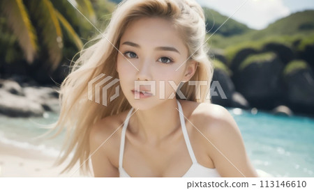 A woman with long hair making a cute face at the sea A woman with long hair making a cute face at the sea 113146610