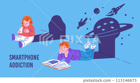 Children's addiction to gadgets in vector banner with place for text 113146673