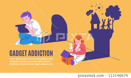Banner depicting the influence of modern gadgets on children. 113146674