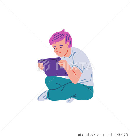 Child boy sitting with tablet flat style, vector illustration 113146675
