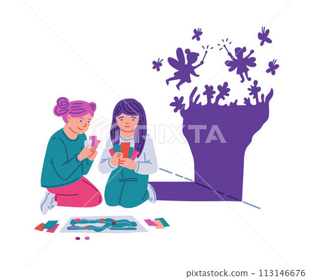 Girls playing games using their imagination, leisure time vector illustration without gadgets. 113146676